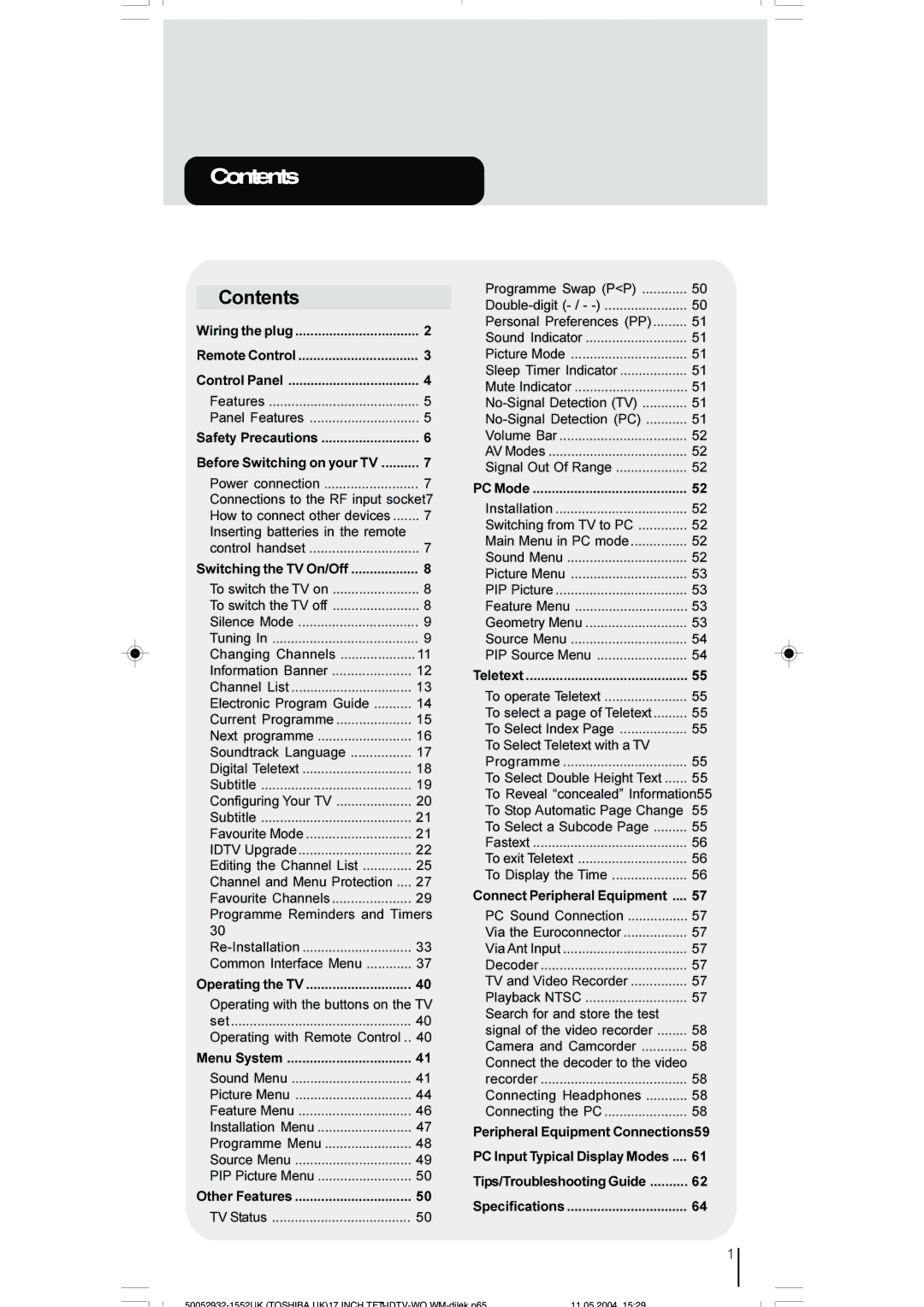 Toshiba 17WLT46B owner manual Contents 