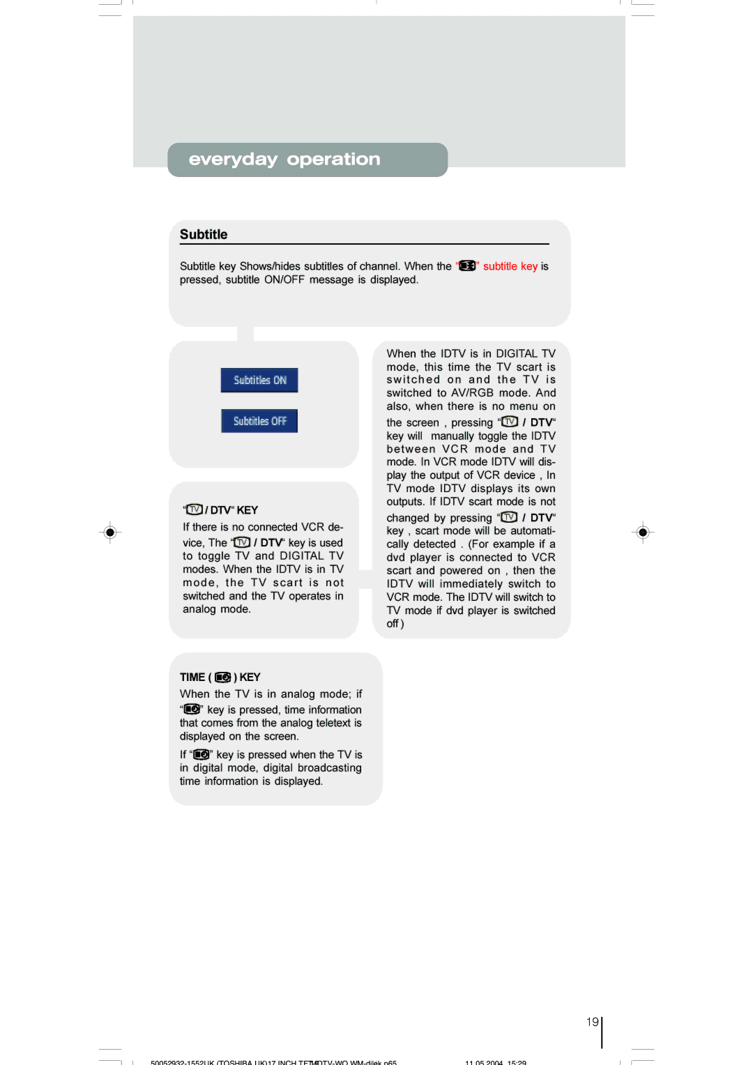 Toshiba 17WLT46B owner manual Subtitle, If there is no connected VCR de, Time KEY When the TV is in analog mode if 