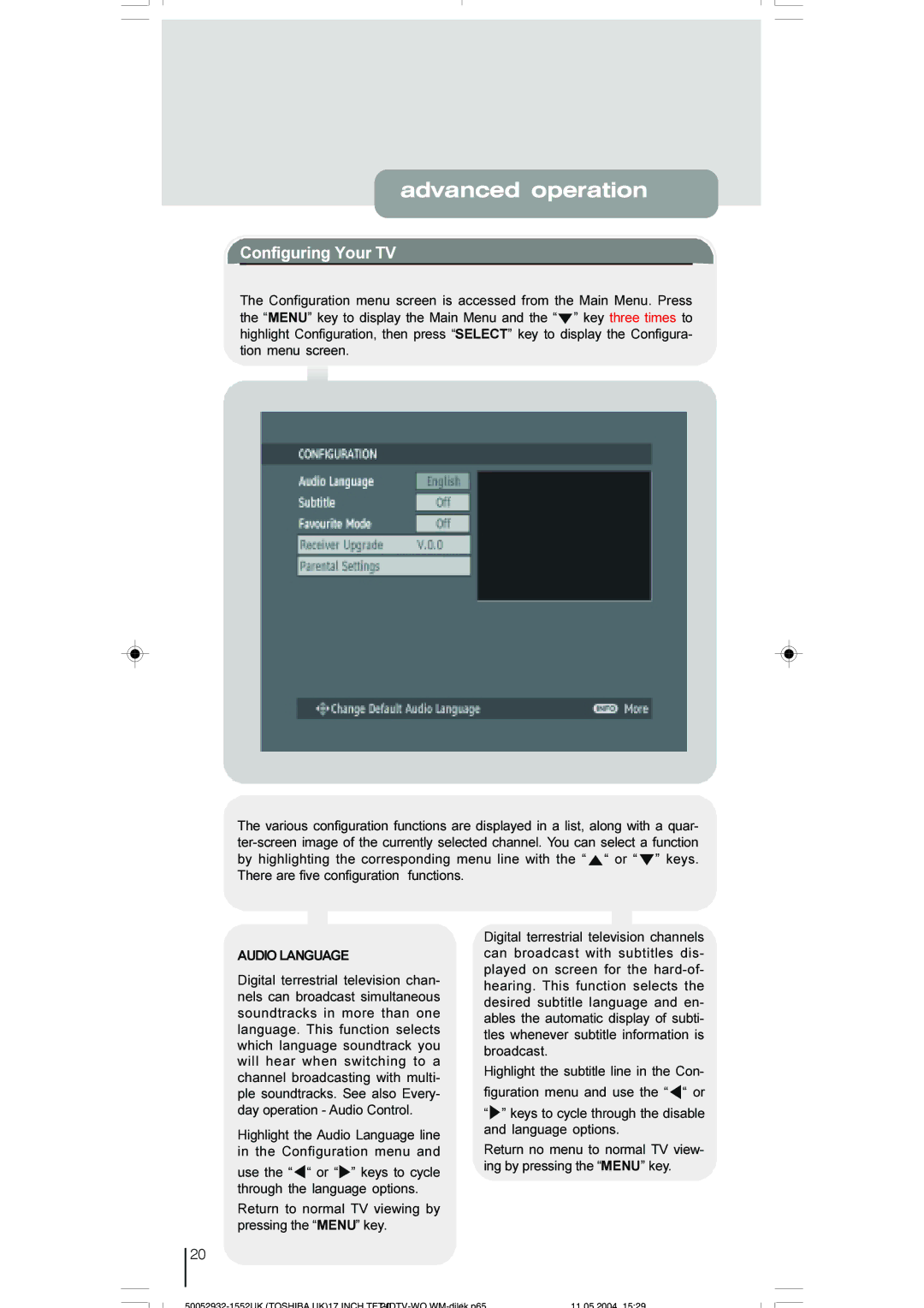 Toshiba 17WLT46B owner manual Advanced operation, Configuring Your TV, Audio Language 