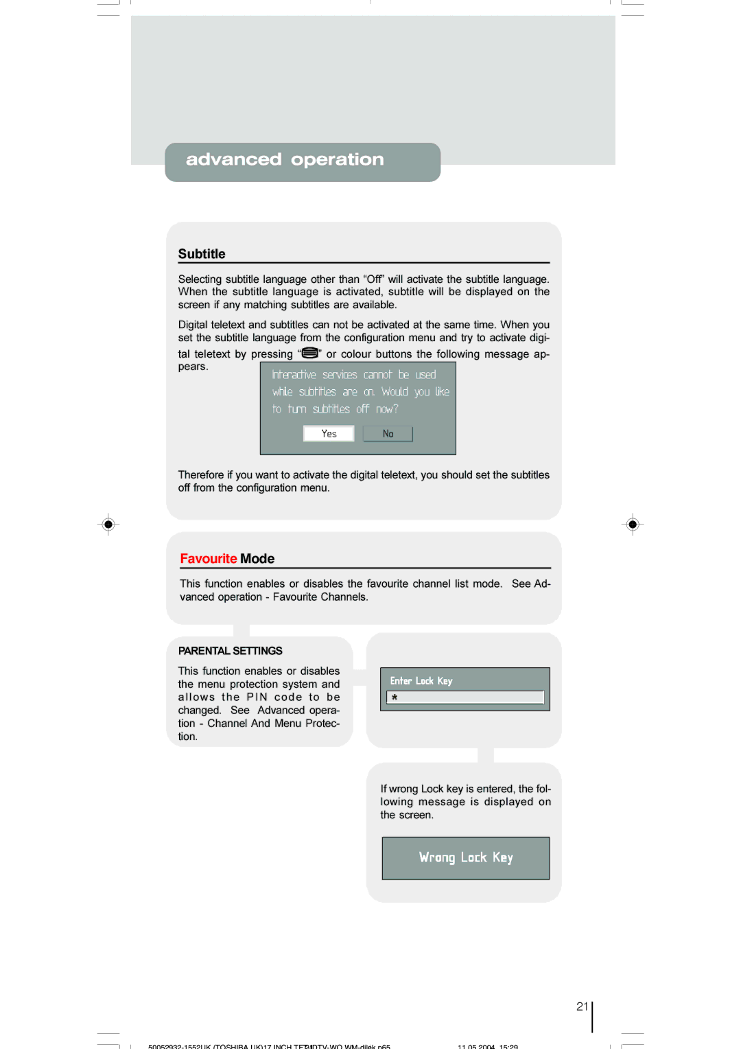 Toshiba 17WLT46B owner manual Favourite Mode, Parental Settings 