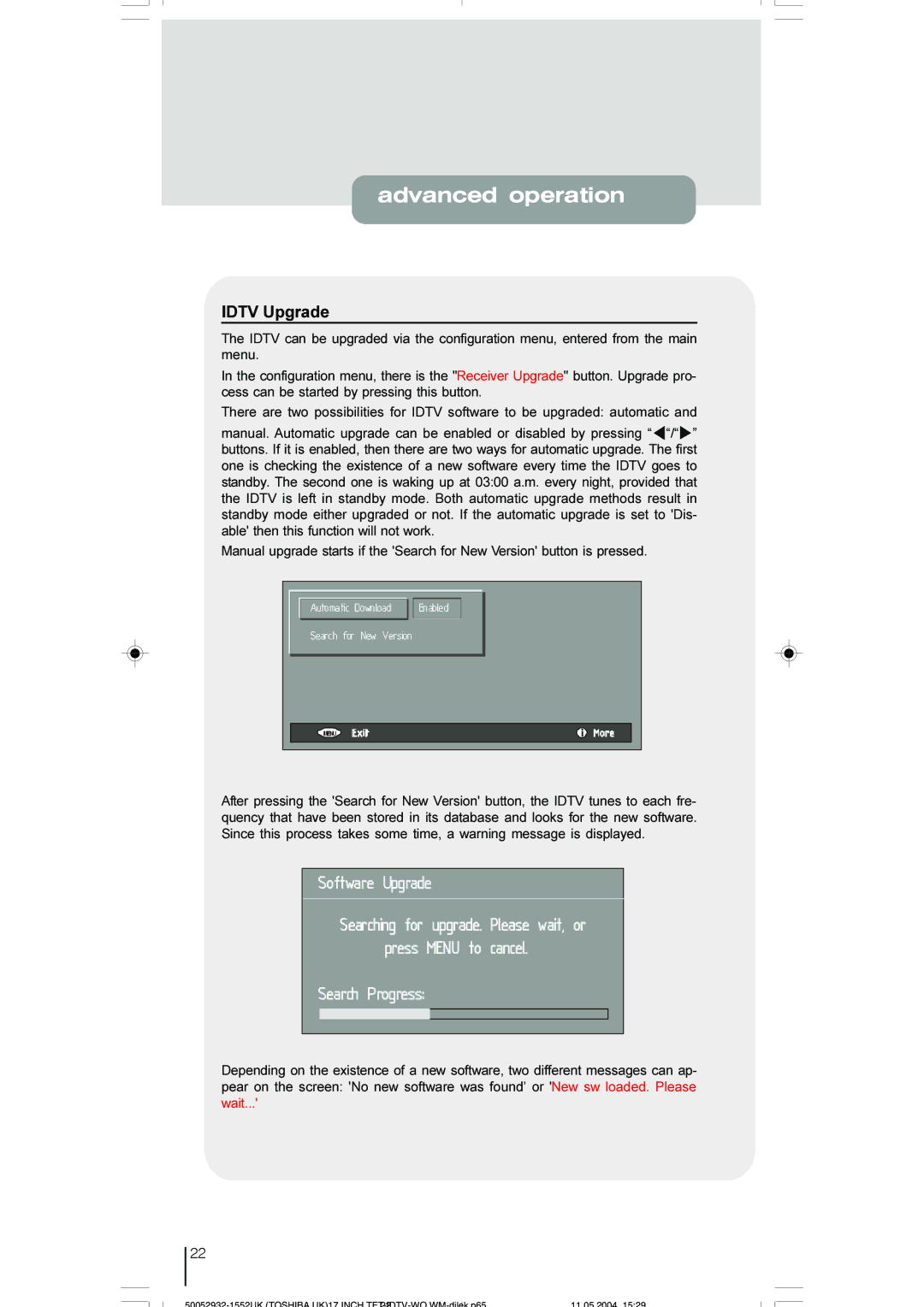 Toshiba 17WLT46B owner manual Idtv Upgrade 