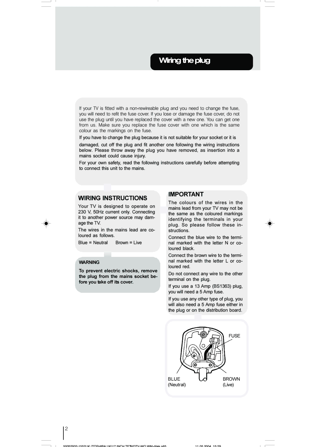 Toshiba 17WLT46B owner manual Wiringtheplug, Fuse Blue, Neutral Live 