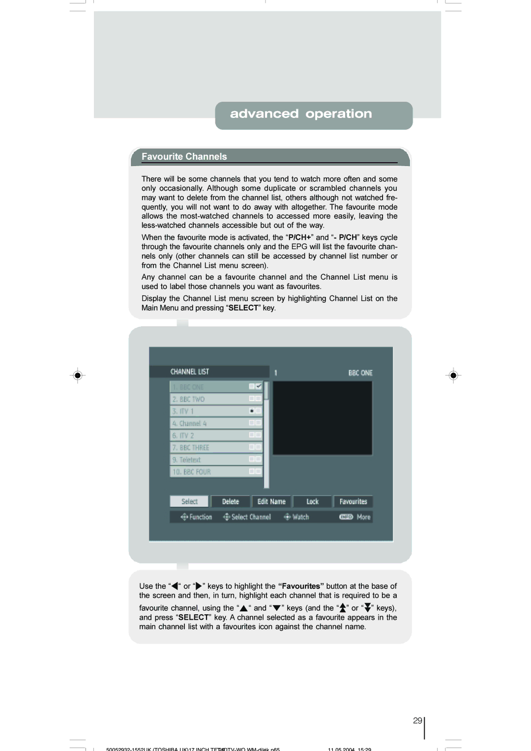 Toshiba 17WLT46B owner manual Favourite Channels 