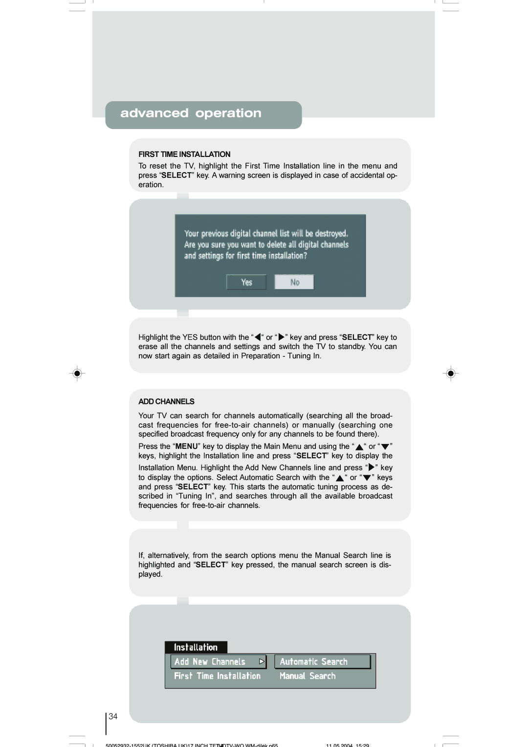 Toshiba 17WLT46B owner manual First Time Installation, ADD Channels 