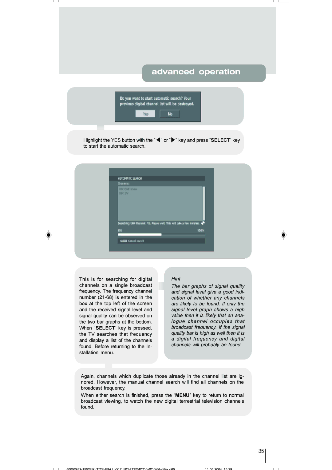 Toshiba 17WLT46B owner manual Advanced operation 