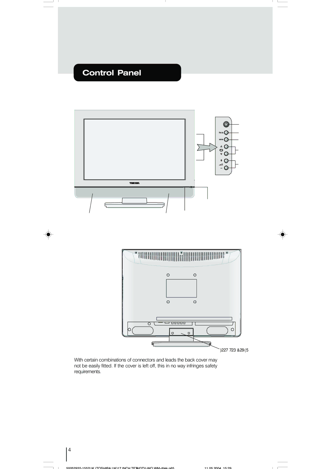 Toshiba 17WLT46B owner manual Control Panel 