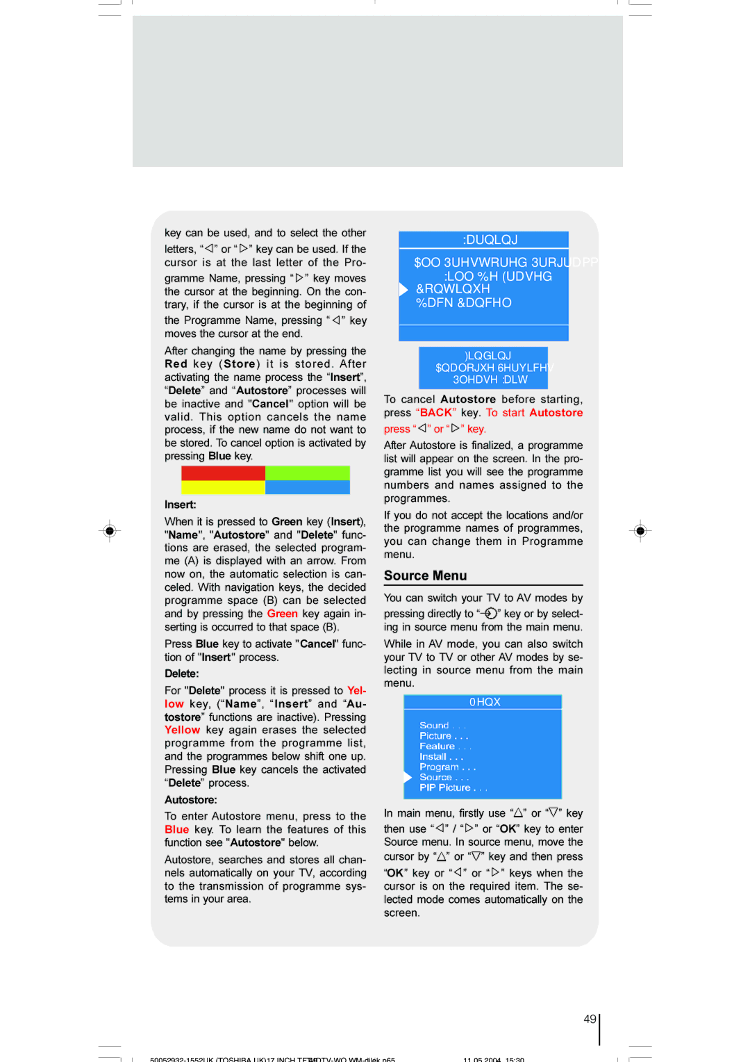 Toshiba 17WLT46B owner manual Source Menu, Programme Name, pressing key moves the cursor at the end, Insert 