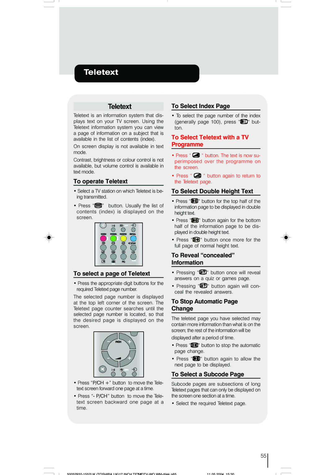 Toshiba 17WLT46B owner manual Teletext, Press P/CH + button, Text screen forward one page at a time, Press P/CH button 