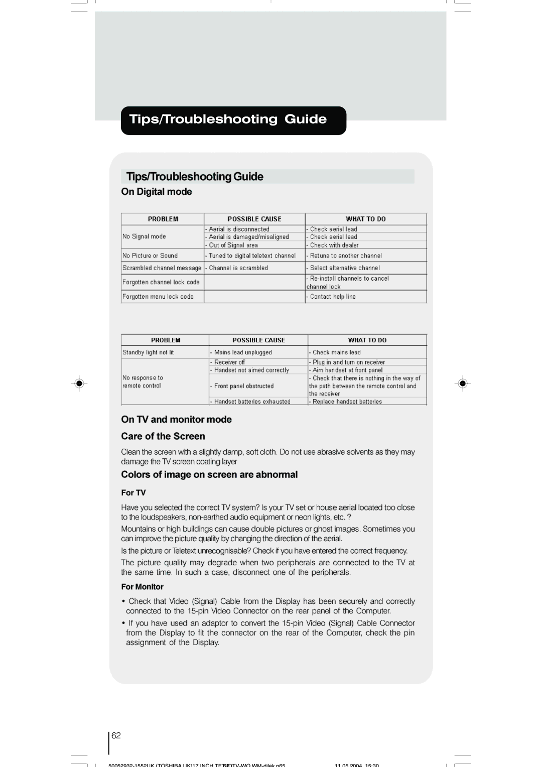 Toshiba 17WLT46B owner manual Tips/Troubleshooting Guide, On Digital mode On TV and monitor mode Care of the Screen 