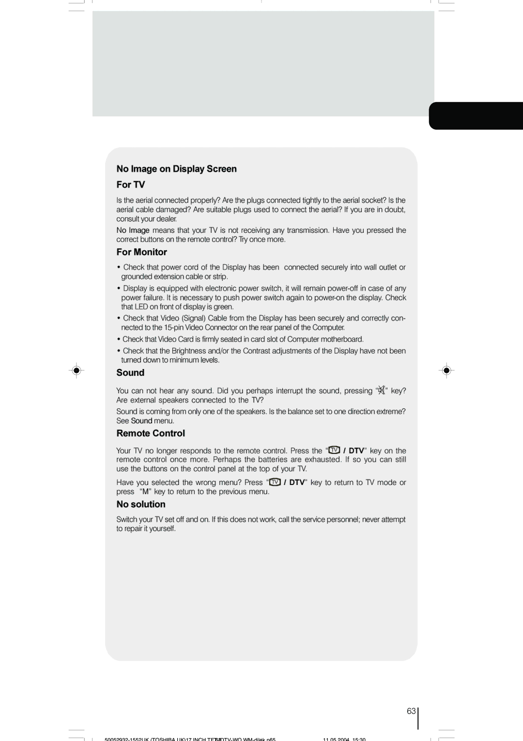 Toshiba 17WLT46B owner manual No Image on Display Screen For TV, For Monitor, Sound, Remote Control, No solution 