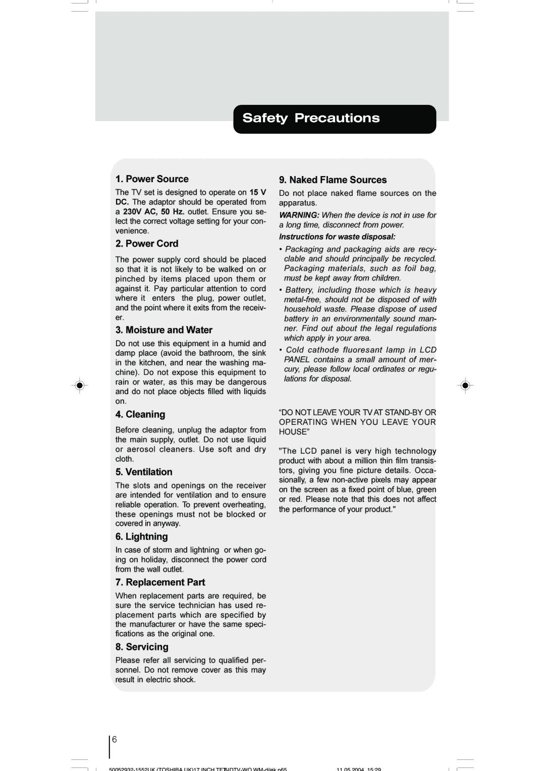 Toshiba 17WLT46B owner manual Safety Precautions 