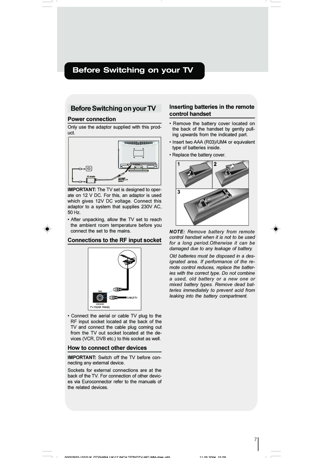 Toshiba 17WLT46B owner manual Before Switching on your TV, Power connection, How to connect other devices 