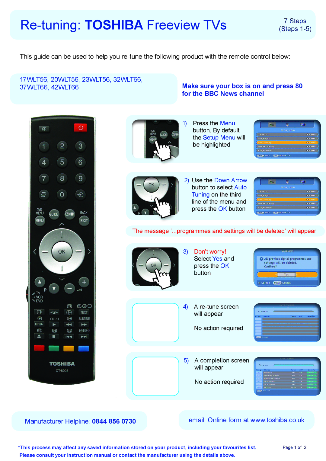 Toshiba 17wlt56 instruction manual Re-tuning Toshiba Freeview TVs, Steps Steps, 17WLT56, 20WLT56, 23WLT56, 32WLT66 