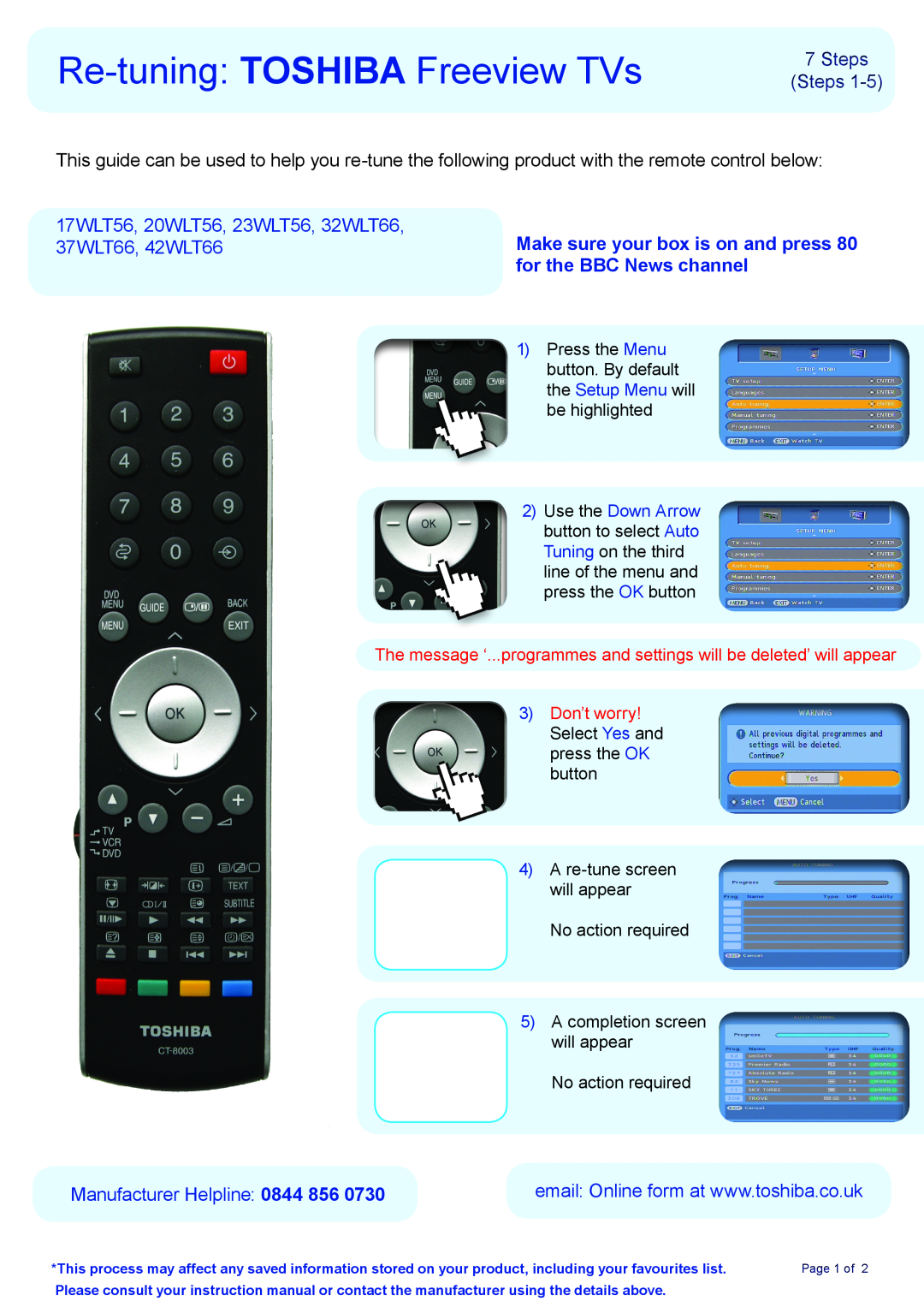 Toshiba 17wlt56 instruction manual Re-tuning TOSHIBA Freeview TVs, Steps Steps, 17WLT56, 20WLT56, 23WLT56, 32WLT66 