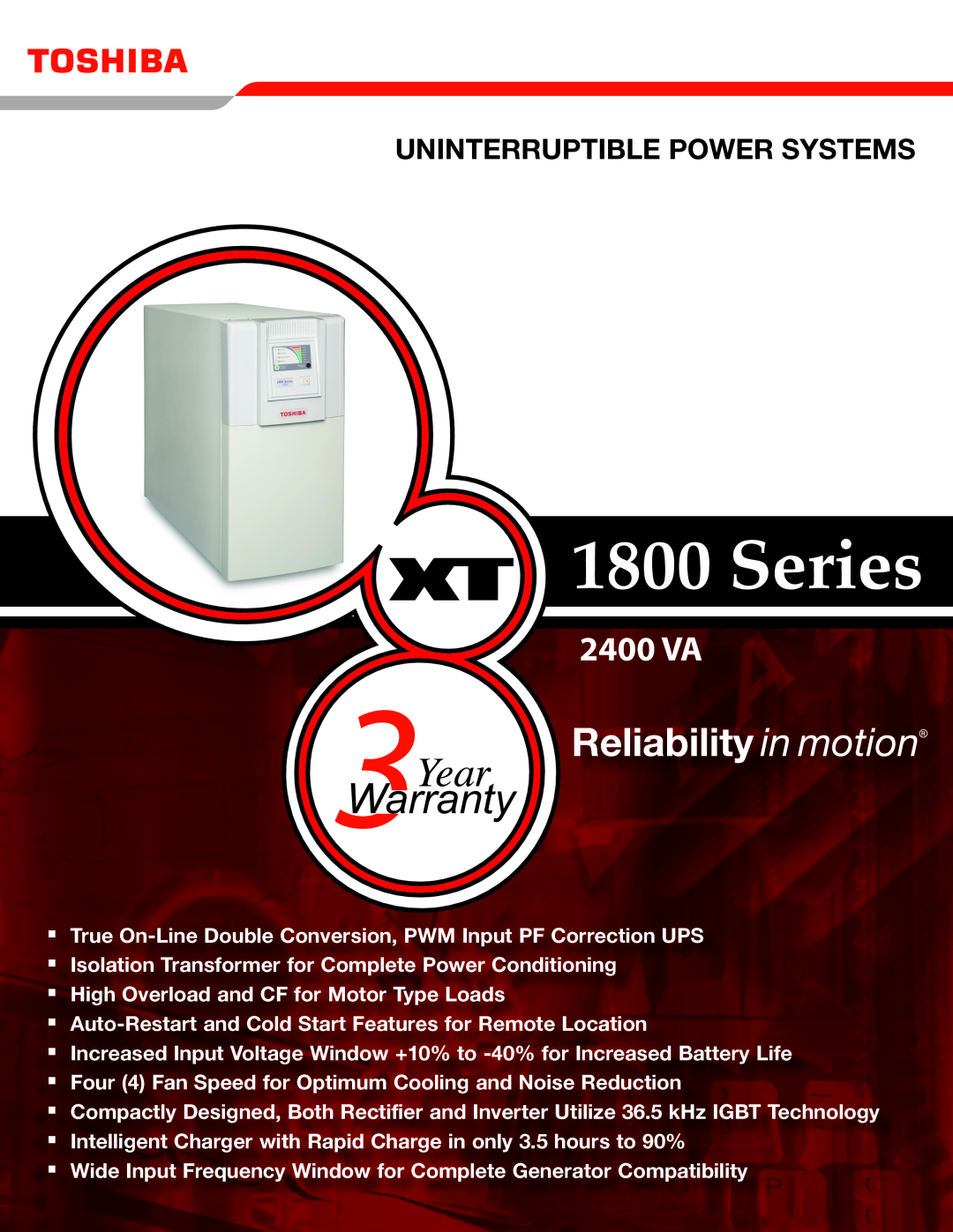 Toshiba 1800 SERIES warranty Series, 2400 VA, Uninterruptible Power Systems 