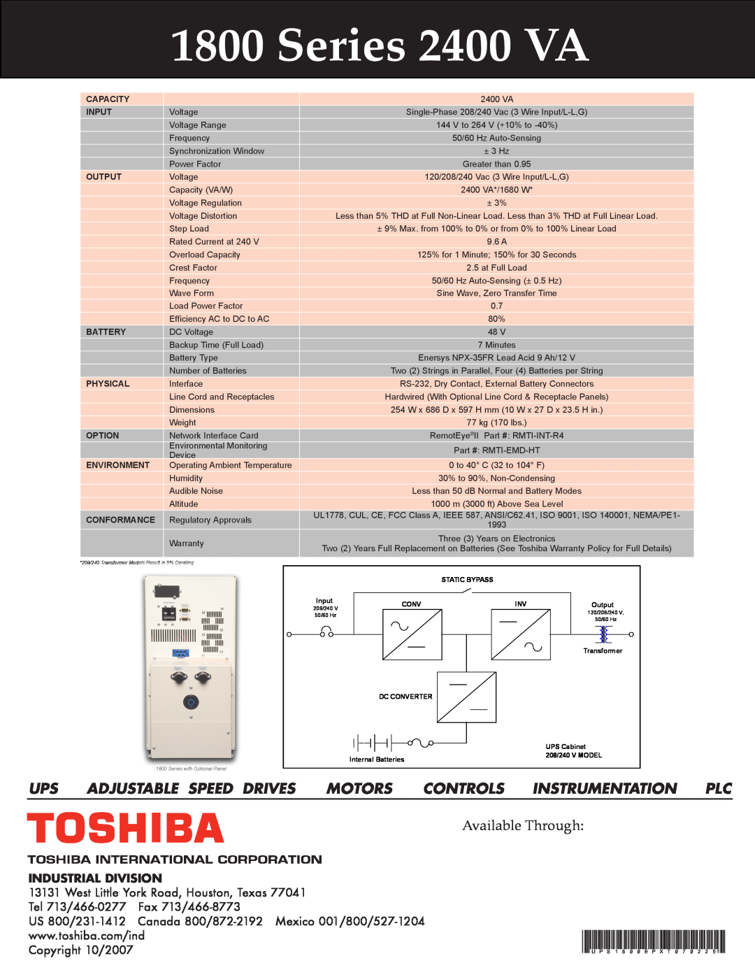 Toshiba 1800 SERIES Series 2400 VA, Adjustable Speed Drives, Motors, Controls, Instrumentation, Available Through, Input 