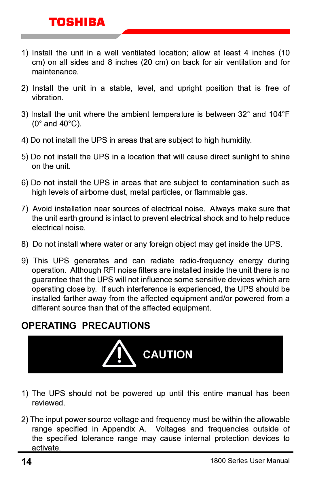 Toshiba 1800 manual Operating Precautions 