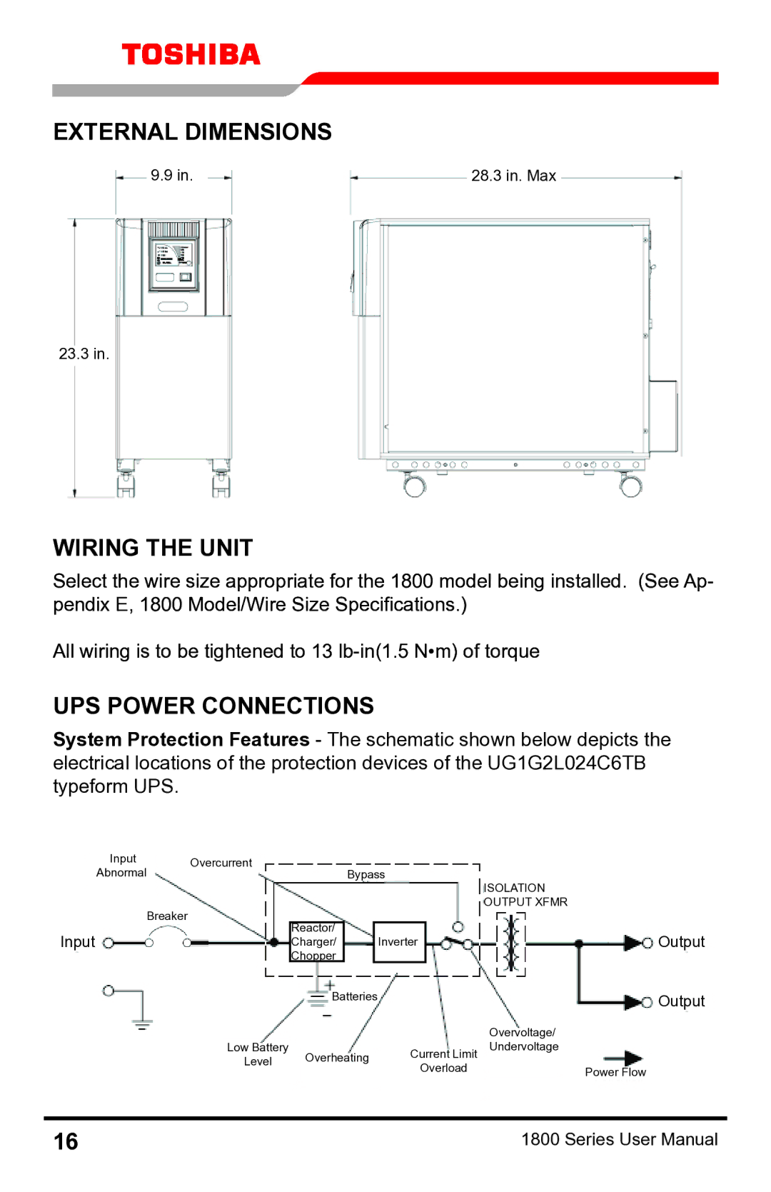 Toshiba 1800 manual External Dimensions, Wiring the Unit, UPS Power Connections 