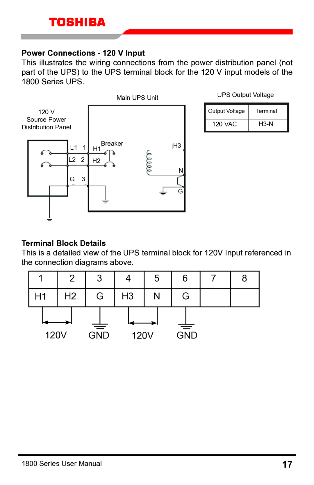 Toshiba 1800 manual Power Connections 120 V Input, Terminal Block Details 