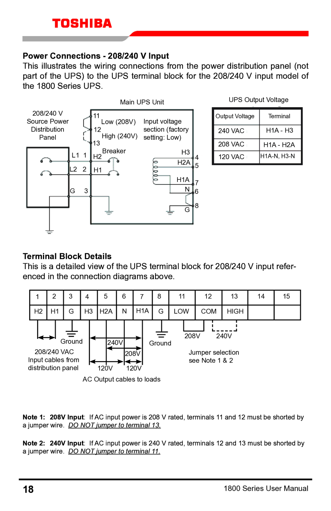 Toshiba 1800 manual Power Connections 208/240 V Input, H2A H1A LOW COM High 