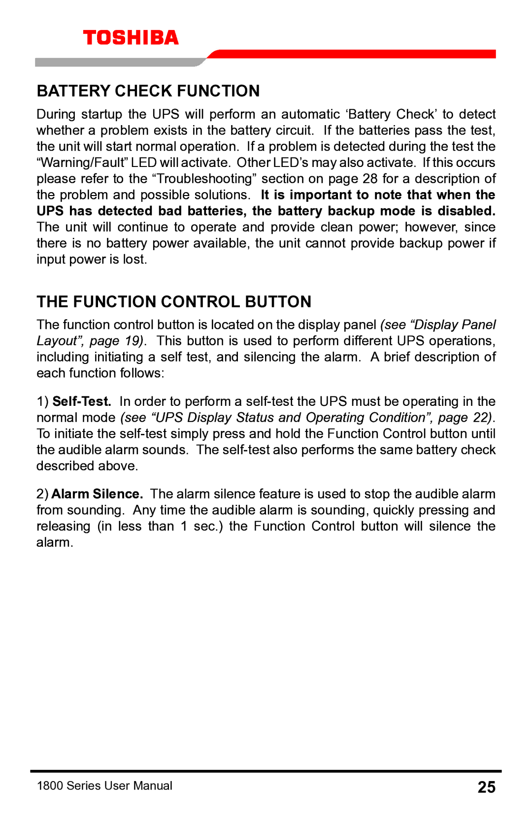 Toshiba 1800 manual Battery Check Function, Function Control Button 