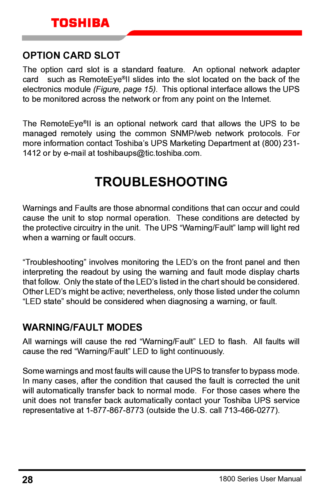 Toshiba 1800 manual Troubleshooting, Option Card Slot 