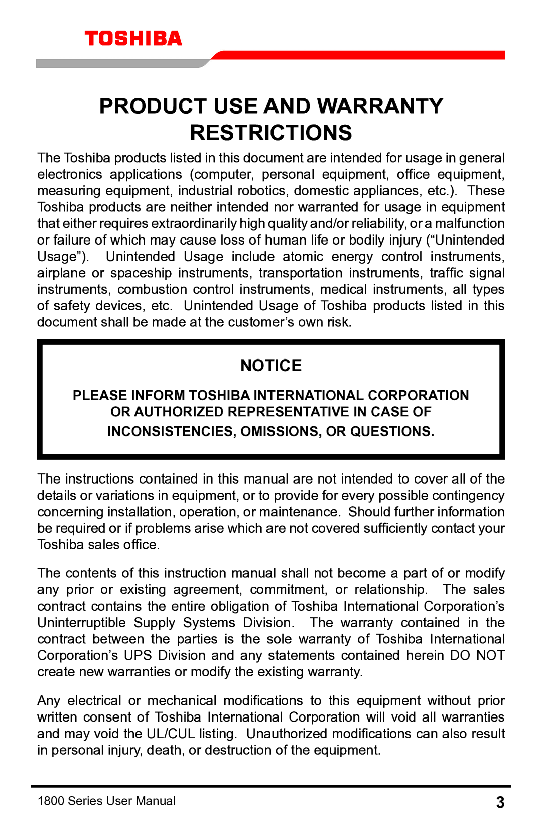 Toshiba 1800 manual Product Use and Warranty Restrictions 