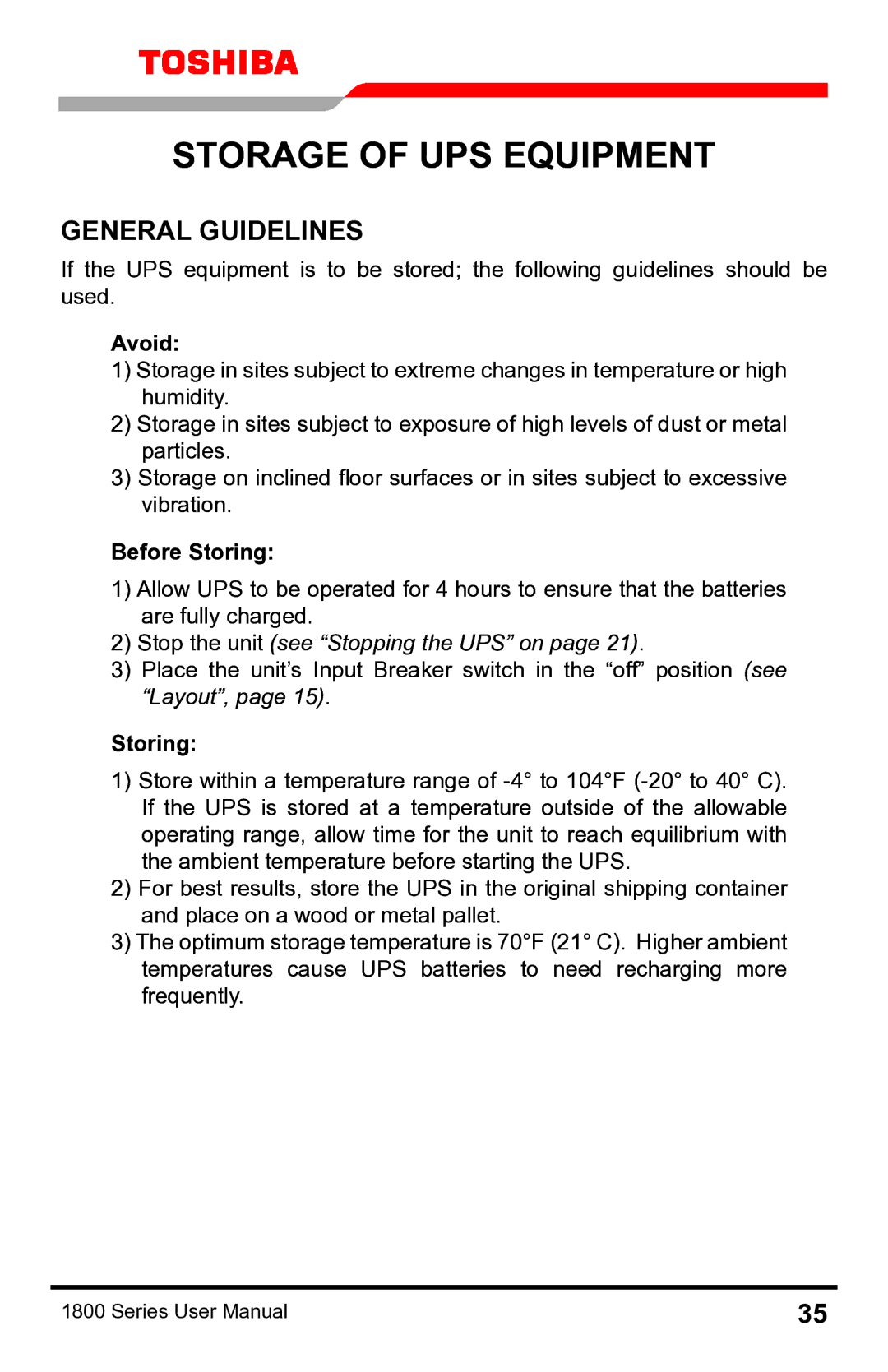 Toshiba 1800 manual Storage of UPS Equipment, General Guidelines, Avoid, Before Storing 