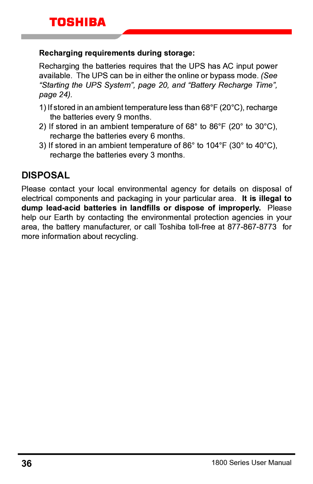 Toshiba 1800 manual Disposal, Recharging requirements during storage 