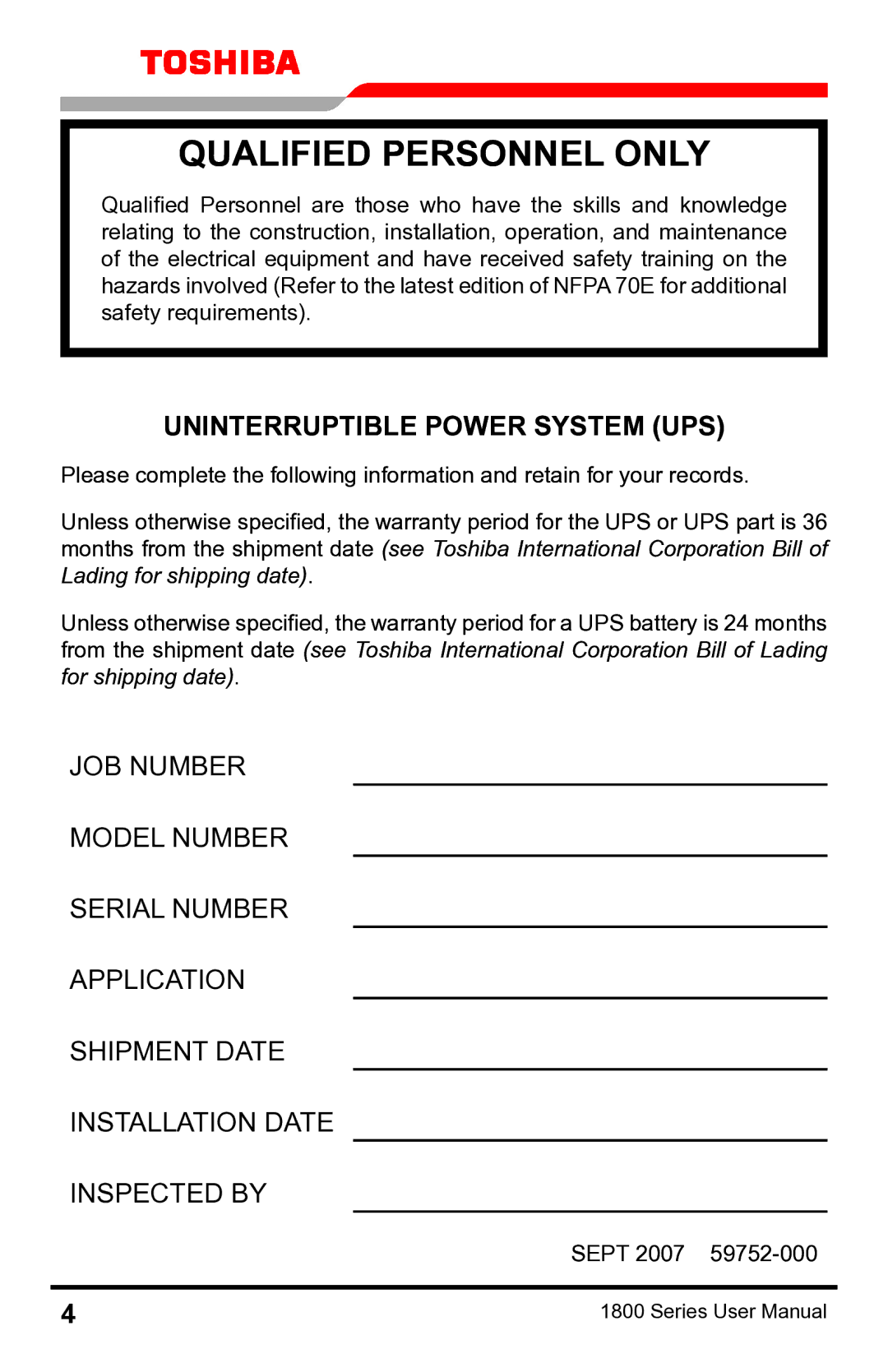 Toshiba 1800 manual Qualified Personnel only 