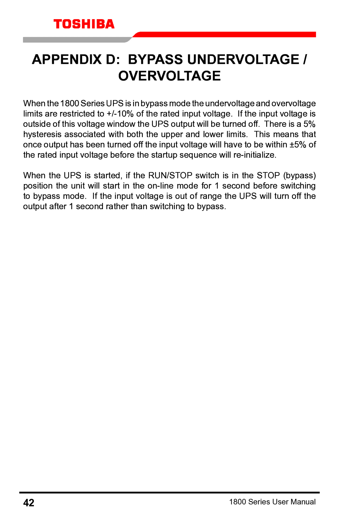 Toshiba 1800 manual Appendix D Bypass Undervoltage Overvoltage 