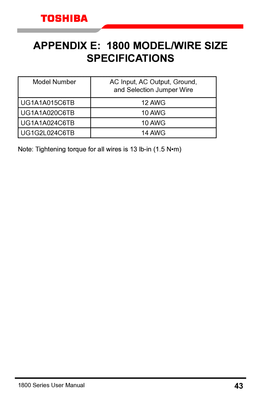 Toshiba manual Appendix E 1800 Model/Wire Size Specifications 