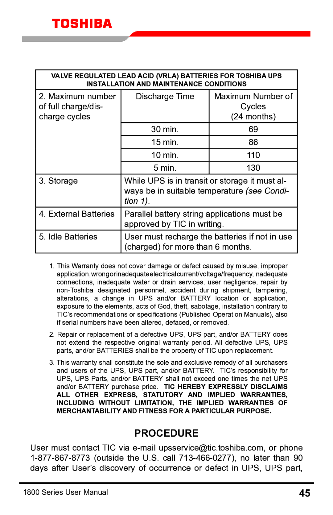 Toshiba 1800 manual Procedure 