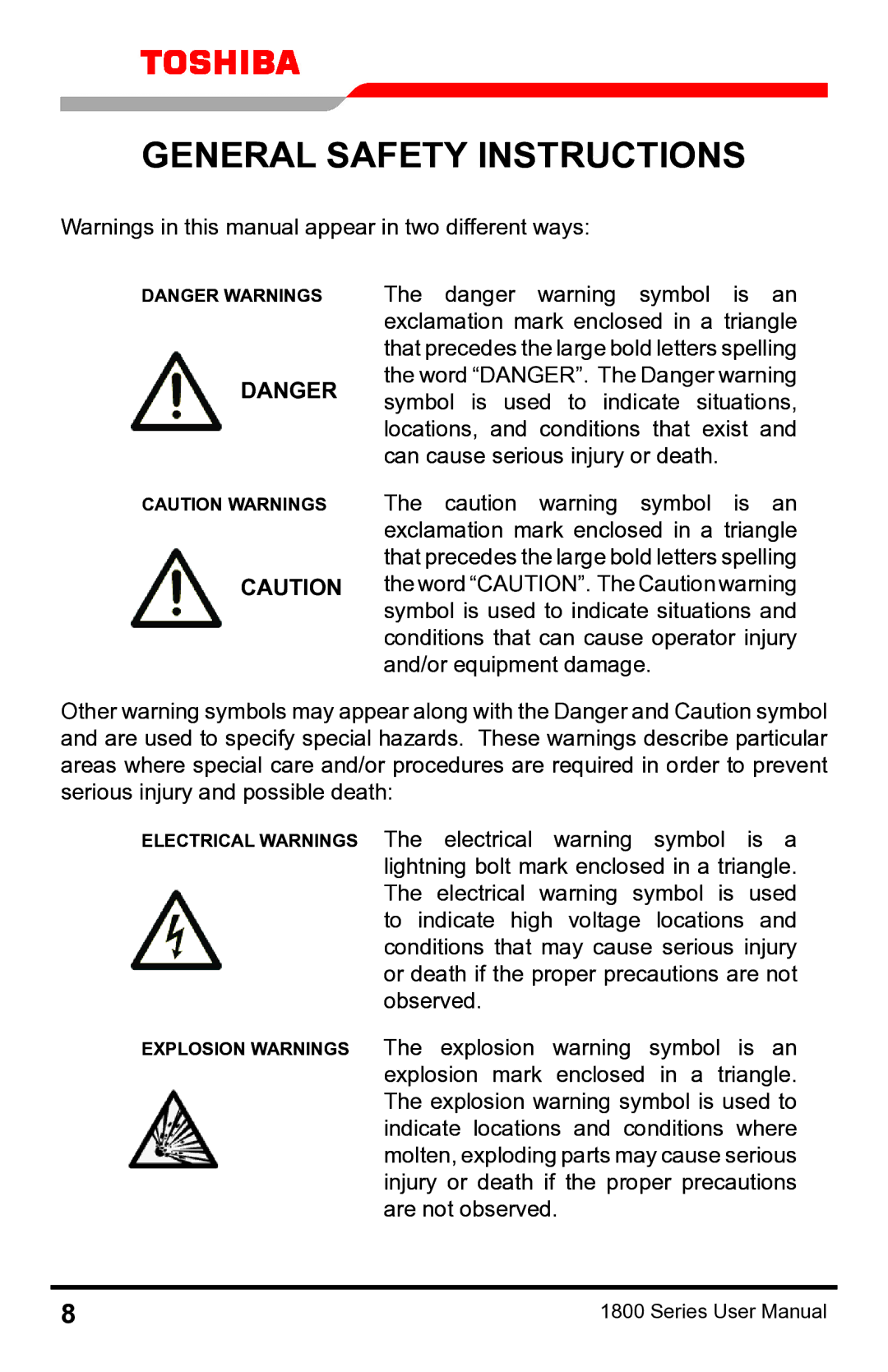 Toshiba 1800 manual General Safety Instructions 