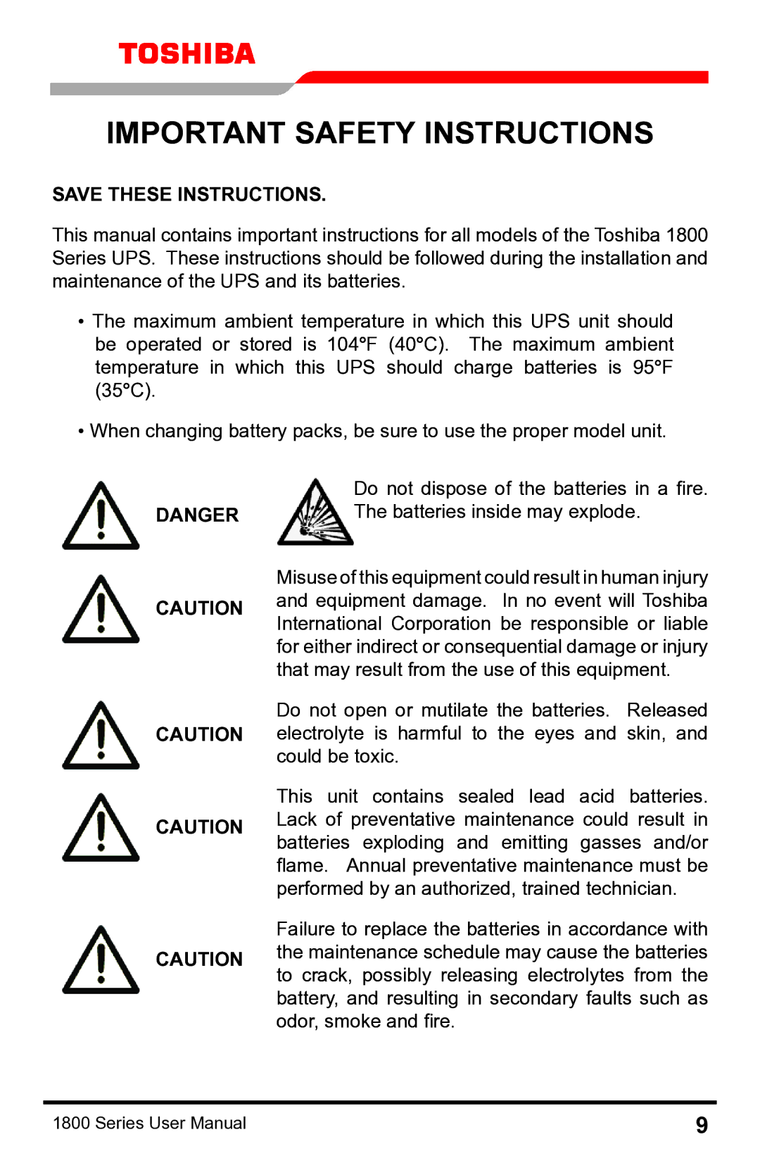 Toshiba 1800 manual Important Safety Instructions 