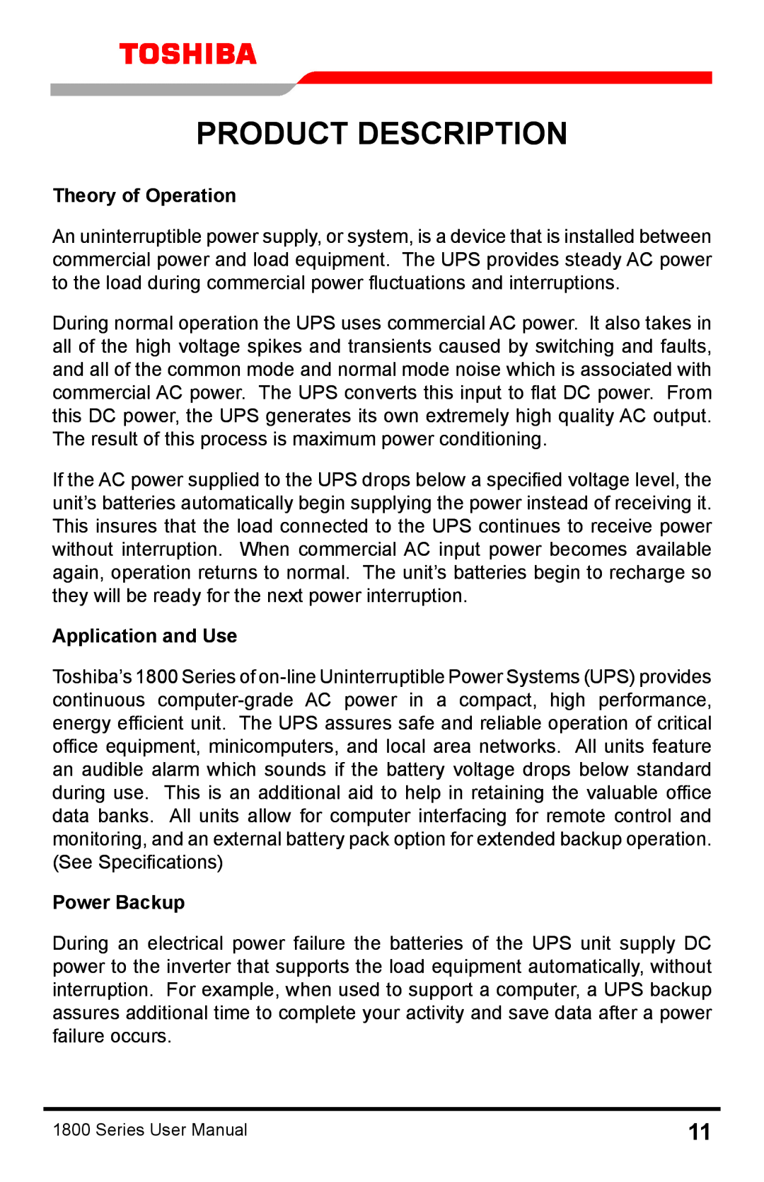 Toshiba 1800 manual Product Description, Theory of Operation, Application and Use, Power Backup 