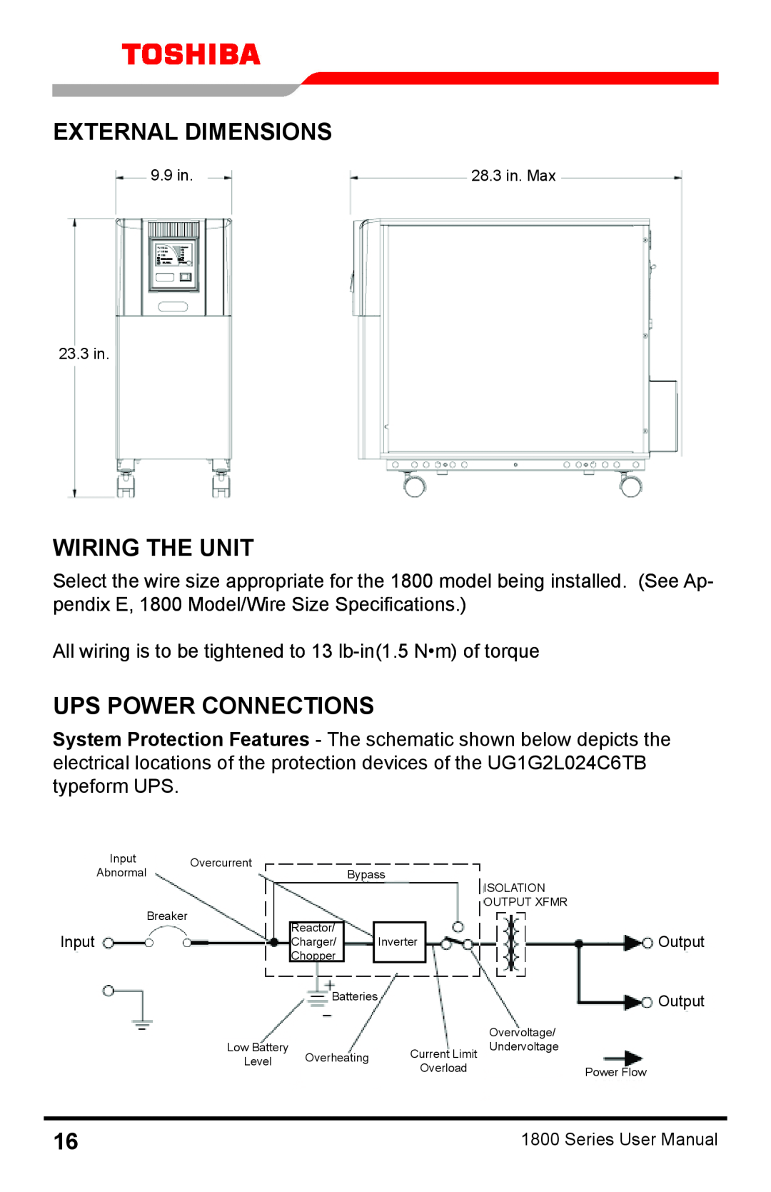 Toshiba 1800 manual External Dimensions, Wiring the Unit, UPS Power Connections 