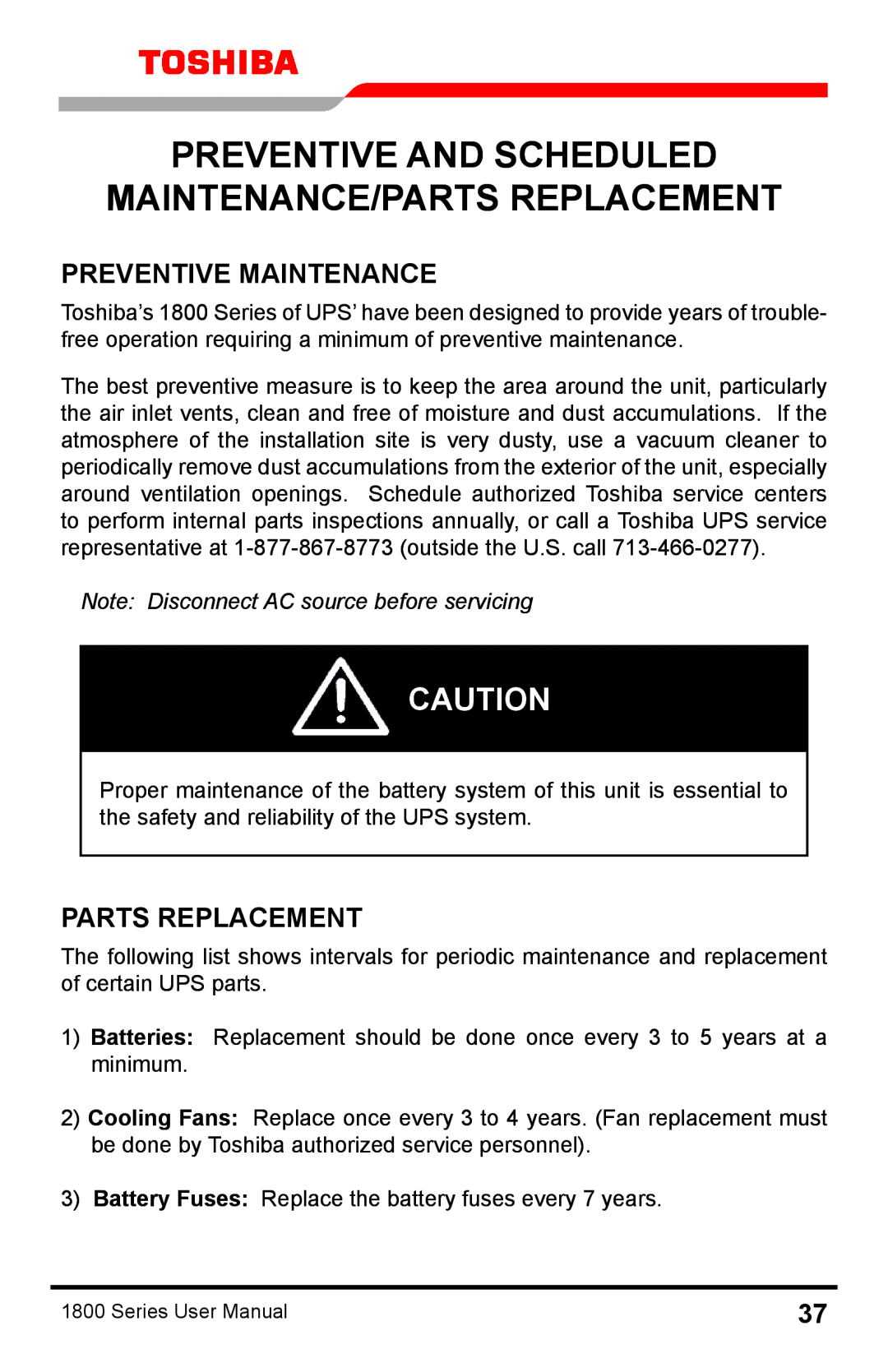 Toshiba 1800 manual Preventive and Scheduled Maintenance/Parts Replacement, Preventive Maintenance 