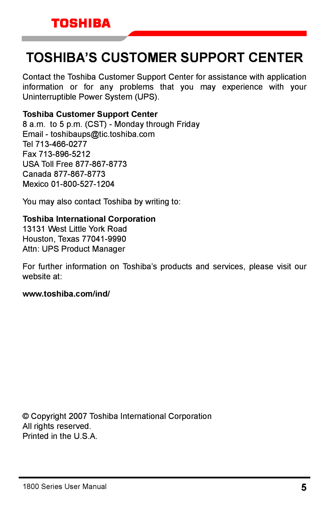 Toshiba 1800 manual Toshiba’s Customer Support Center, Toshiba Customer Support Center, Toshiba International Corporation 
