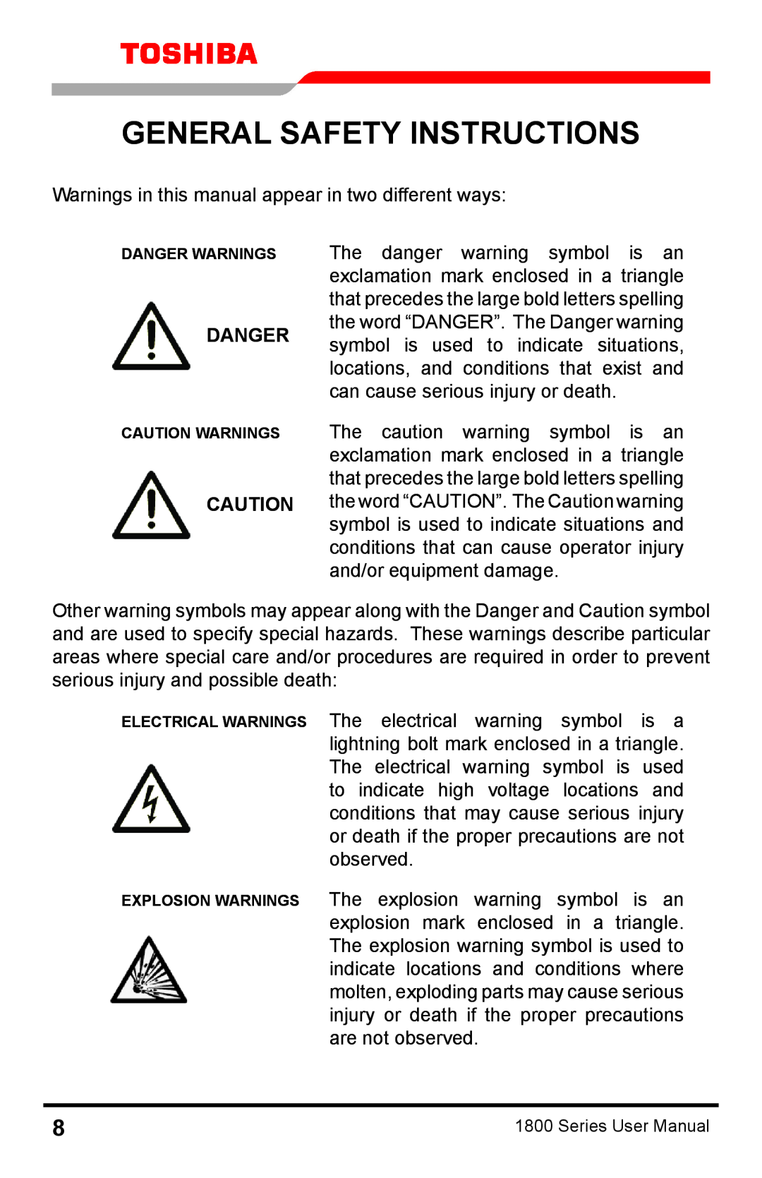Toshiba 1800 manual General Safety Instructions, Danger 