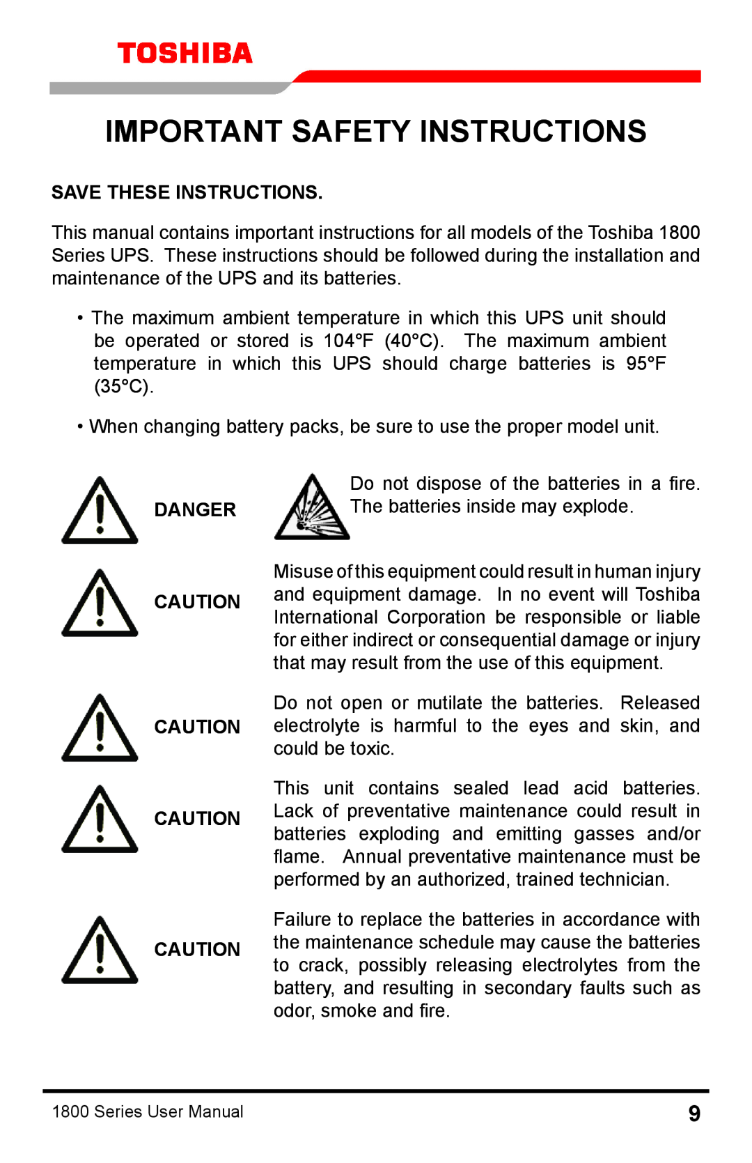Toshiba 1800 manual Important Safety Instructions, Save These Instructions, Danger 