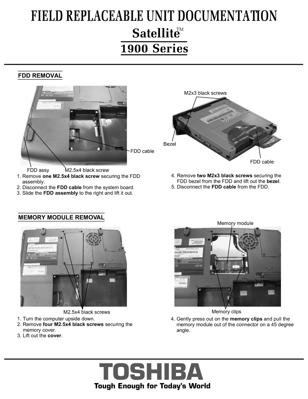 Toshiba 1900 Series manual Remove four M2.5x4 black screws securing the memory cover 