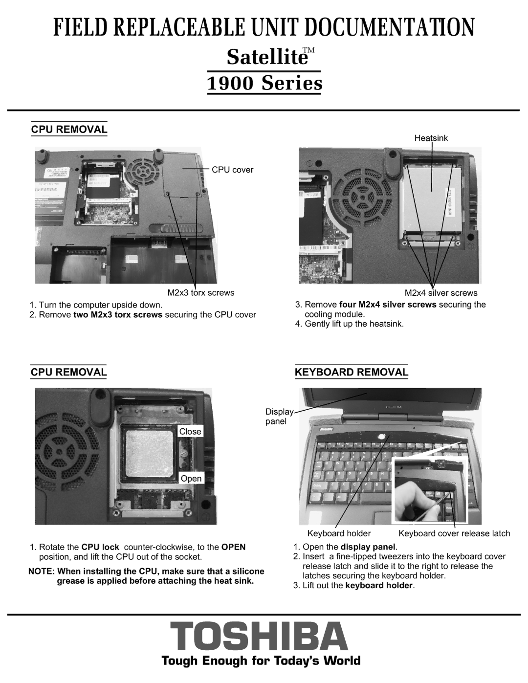 Toshiba 1900 Series manual Remove four M2x4 silver screws securing, Open the display panel, Lift out the keyboard holder 