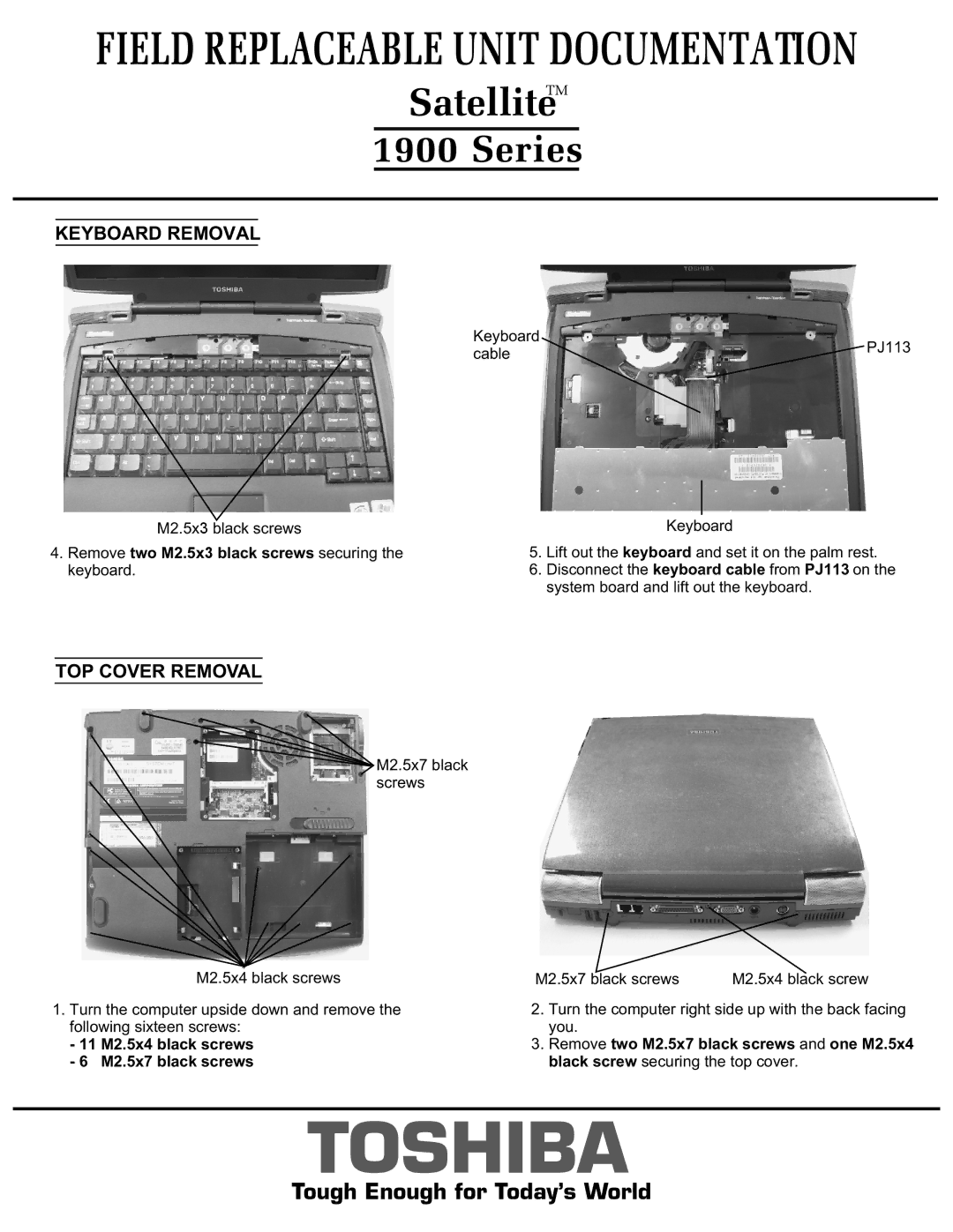 Toshiba 1900 Series manual Remove two M2.5x3 black screws securing, 11 M2.5x4 black screws M2.5x7 black screws 