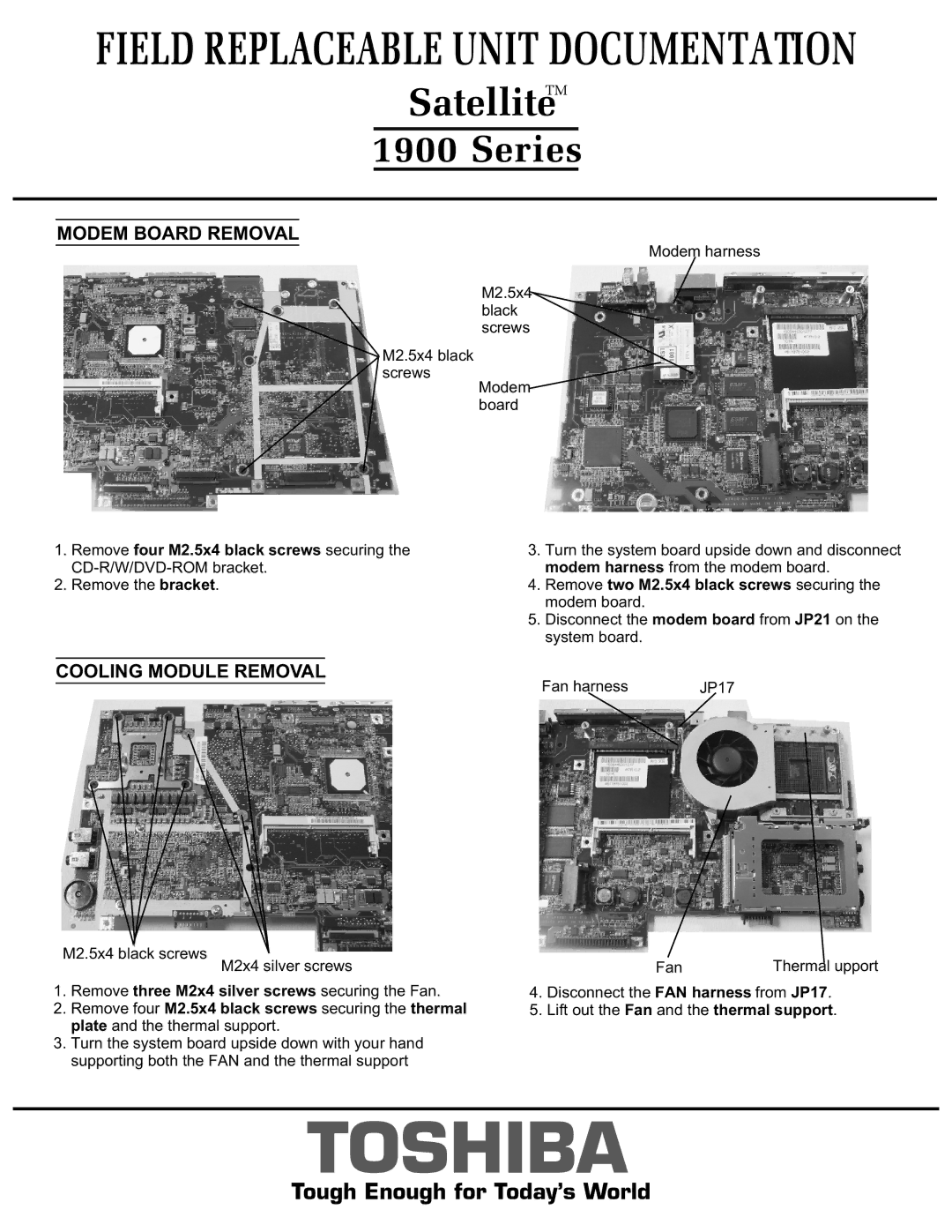 Toshiba 1900 Series manual Remove two M2.5x4 black screws securing the modem board 