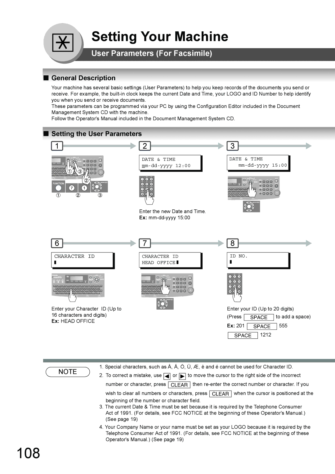 Toshiba 190F manual 108, User Parameters For Facsimile, Setting the User Parameters 