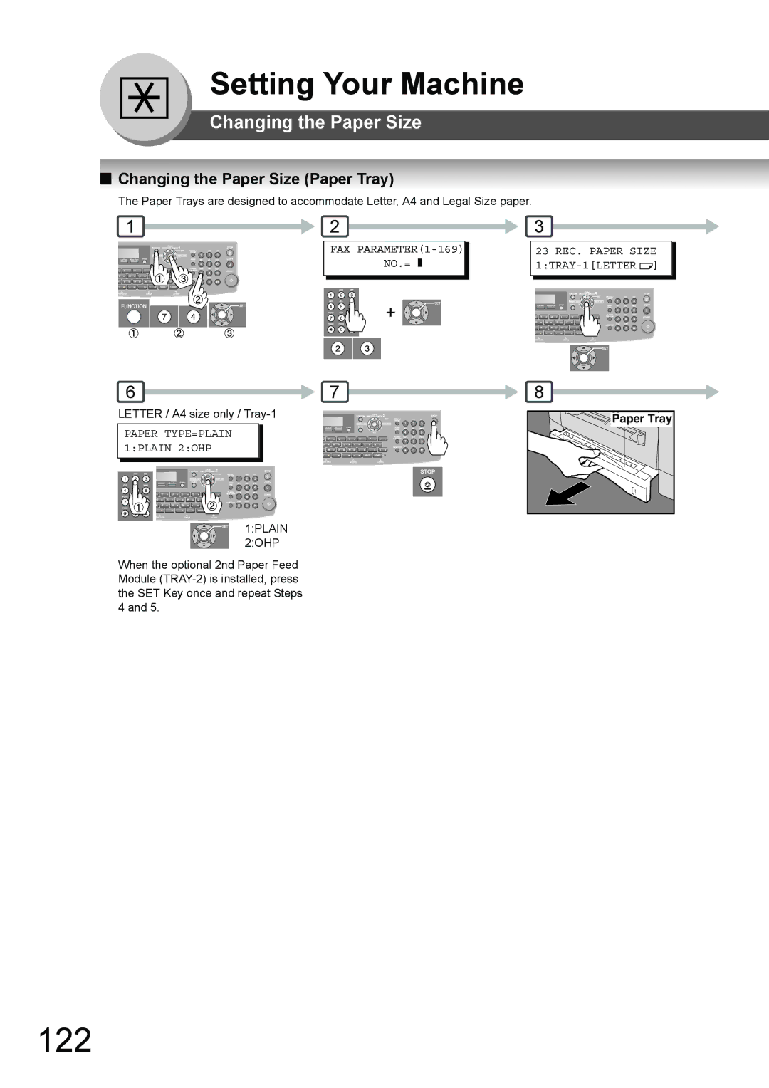 Toshiba 190F 122, Changing the Paper Size Paper Tray, 23 REC. Paper Size 1TRAY-1LETTER, Paper TYPE=PLAIN 1PLAIN 2OHP 