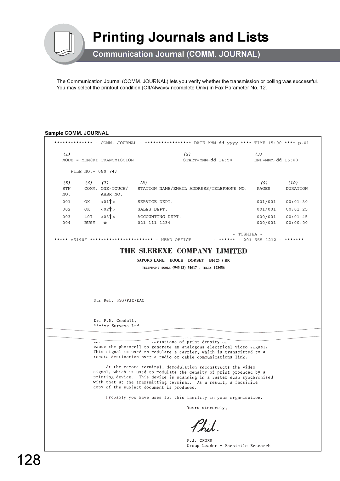 Toshiba 190F manual 128, Communication Journal COMM. Journal, Sample COMM. Journal 