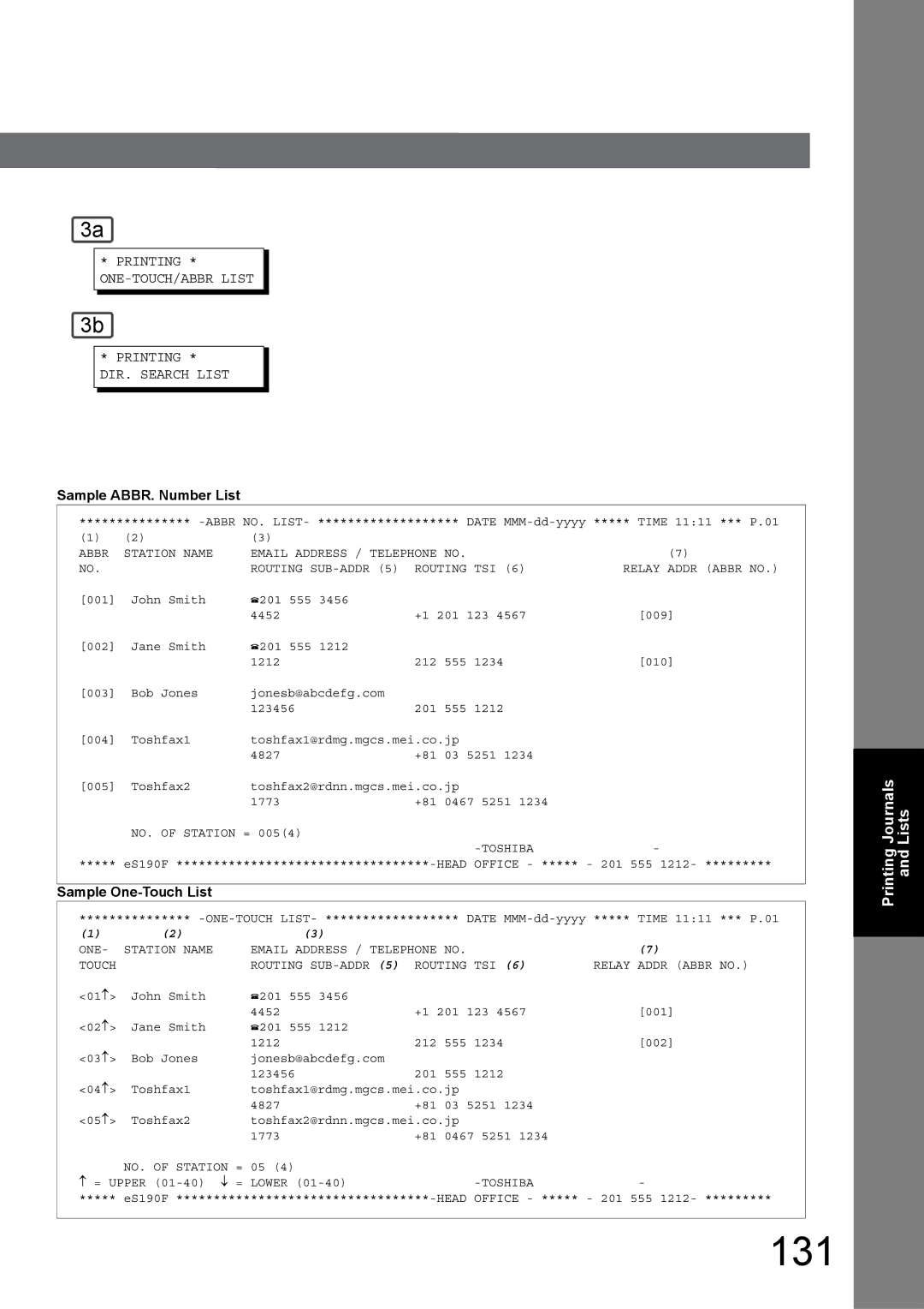 Toshiba 190F manual 131, Printing ONE-TOUCH/ABBR List DIR. Search List, Sample ABBR. Number List, Sample One-Touch List 