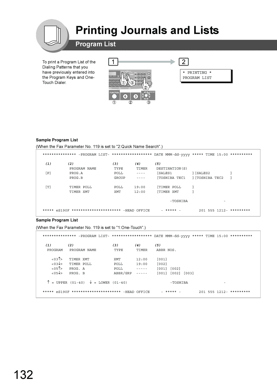 Toshiba 190F manual 132, Printing Program List, Sample Program List 